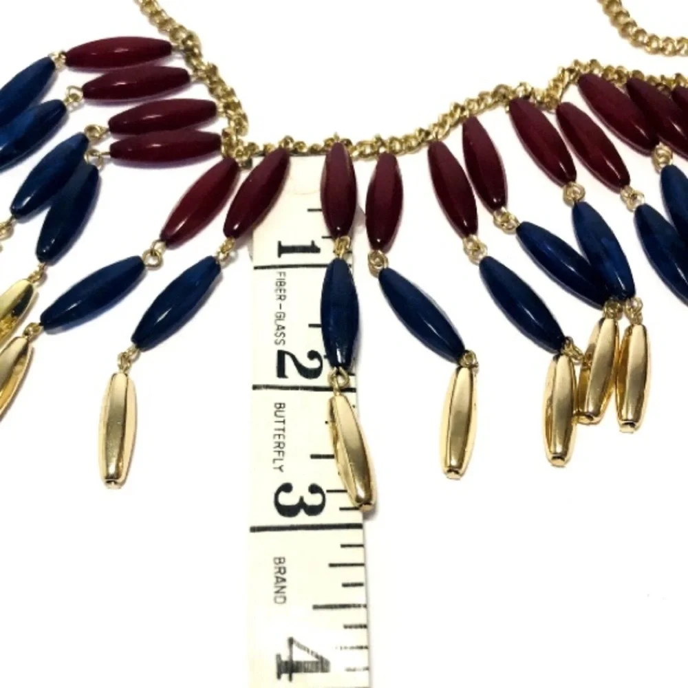 Fringe Bib Necklace in Burgundy, Navy and Gold Egyptian Revival Stule